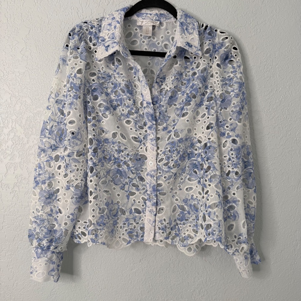 Caroline Constas Blue White Floral Eyelet Lace Button Blouse Smocked Cuff Medium